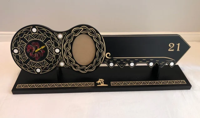21st Island Design Key with Coloured Paua Shell Hibiscus Flower Inlay & 21 with Round White Mother of Pearl Inlays with Matching Stand - Design 2116 (Stand)