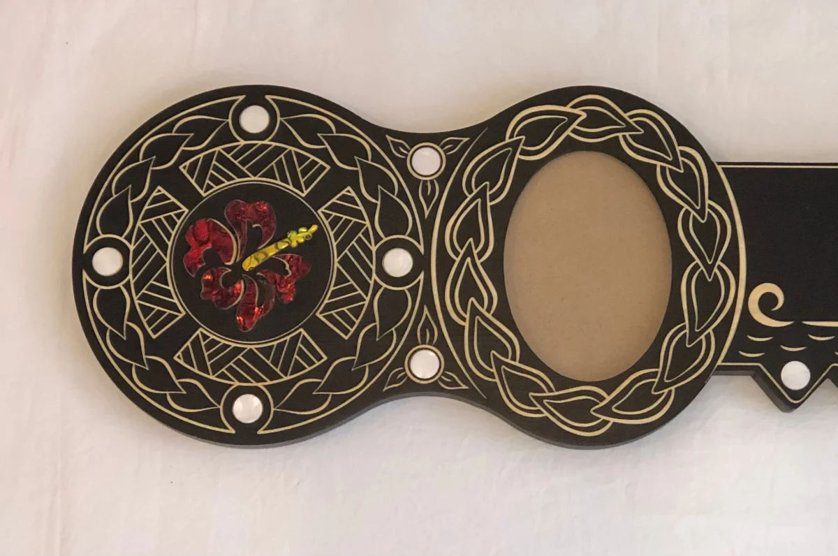 21st Island Design Key with Coloured Paua Shell Hibiscus Flower Inlay & 21 with Round White Mother of Pearl Inlays - Design 2116
