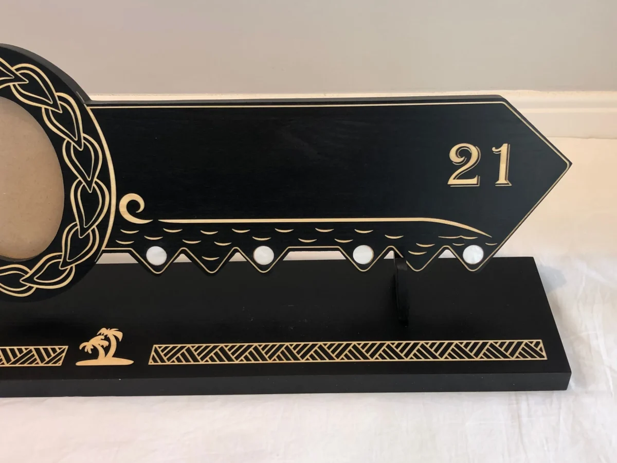 21st Island Design Key with Coloured Paua Shell Hibiscus Flower Inlay & 21 with Round White Mother of Pearl Inlays with Matching Stand - Design 2116 (Stand)