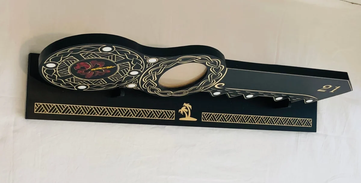 21st Island Design Key with Coloured Paua Shell Hibiscus Flower Inlay & 21 with Round White Mother of Pearl Inlays with Matching Stand - Design 2116 (Stand)