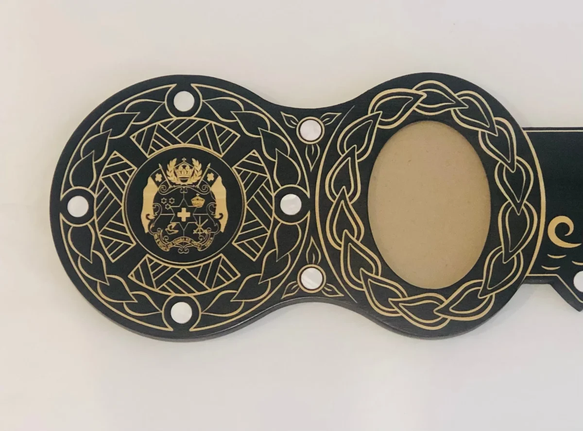 21st Island Design Key with Laser Engraved Coat of arms of Tonga & 21 with Round White Mother of Pearl Inlays - Design 2114
