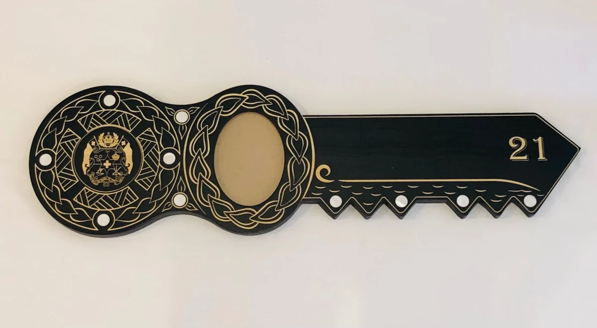 21st Island Design Key with Laser Engraved Coat of arms of Tonga & 21 with Round White Mother of Pearl Inlays - Design 2114