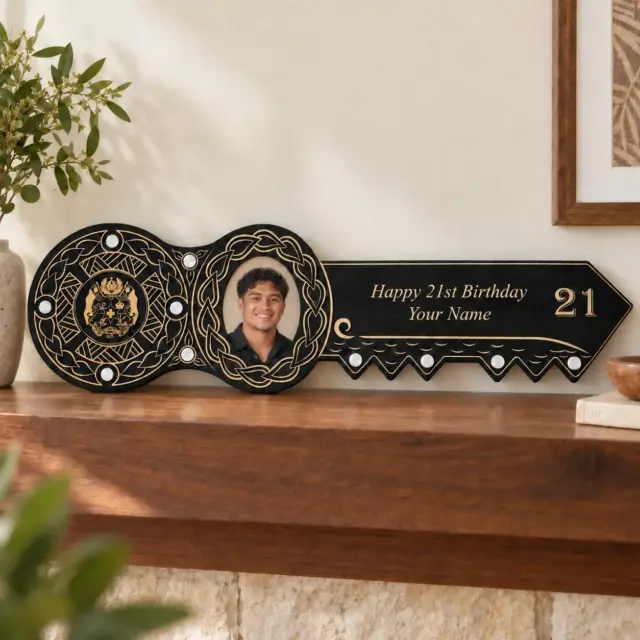 21st Island Design Key with Laser Engraved Coat of arms of Tonga & 21 with Round White Mother of Pearl Inlays - Design 2114