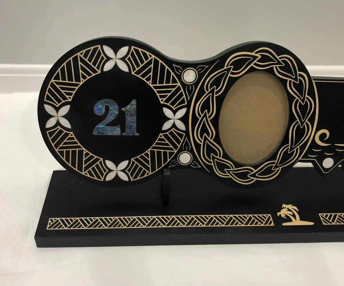 21st Island Design Key with Laser Engraved Patterns & Paua Shell 21 Inlay and White Mother Of Pearl Shell Inlays and Matching Stand - Design 2131 (Stand)