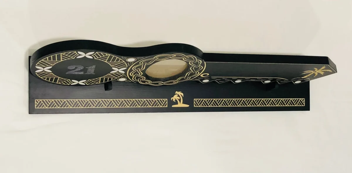 21st Island Design Key with Laser Engraved Patterns & Paua Shell 21 Inlay and White Mother Of Pearl Shell Inlays and Matching Stand - Design 2131 (Stand)