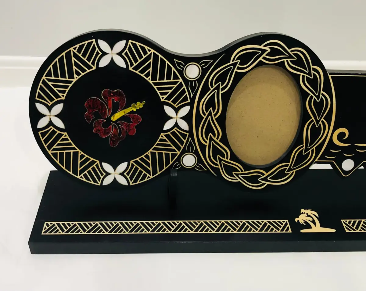 21st Island Design Key with Laser Engraved Patterns & Coloured Paua Shell Hibiscus Flower Inlay and White Mother Of Pearl Shell Inlays and Matching Stand - Design 2132 (Stand)