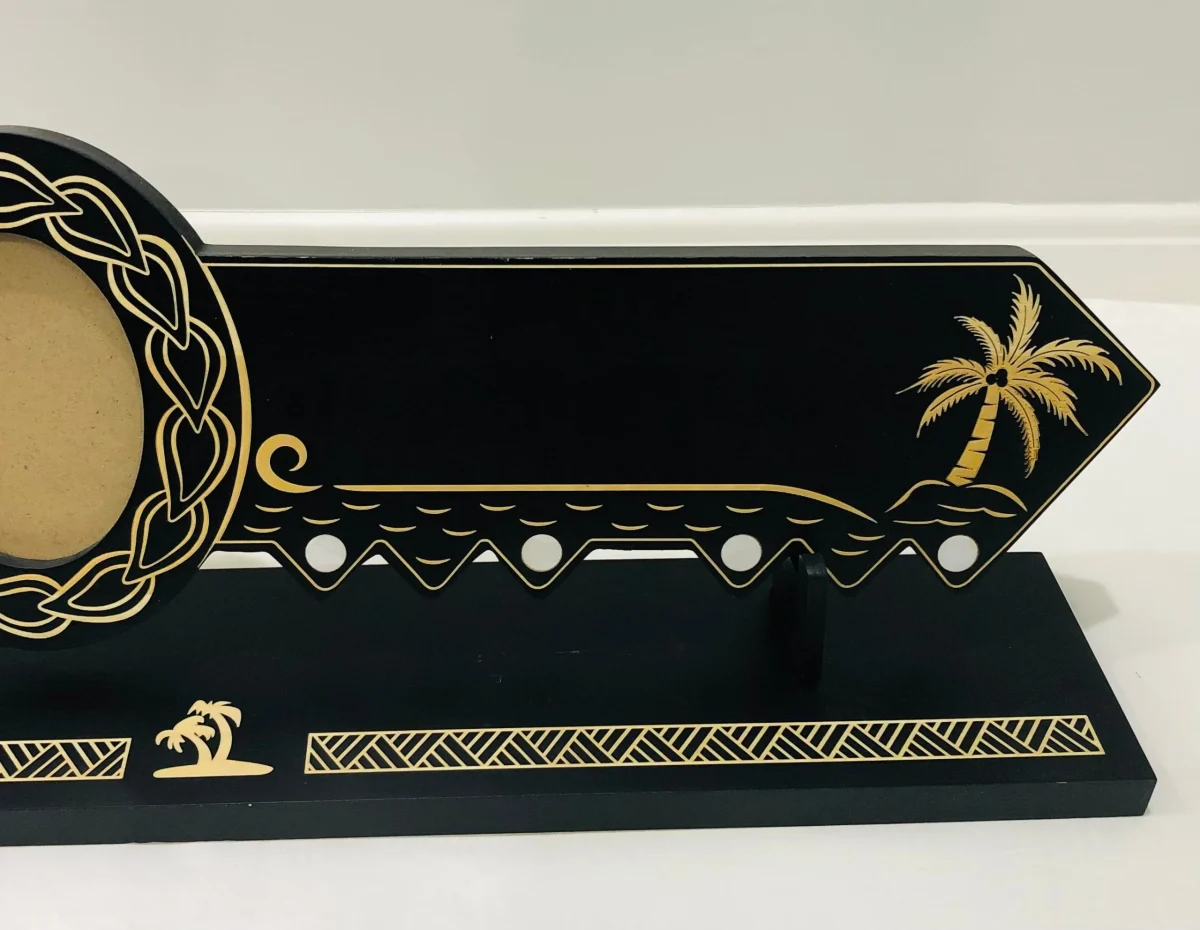 21st Island Design Key with Laser Engraved Patterns & Coloured Paua Shell Hibiscus Flower Inlay and White Mother Of Pearl Shell Inlays and Matching Stand - Design 2132 (Stand)