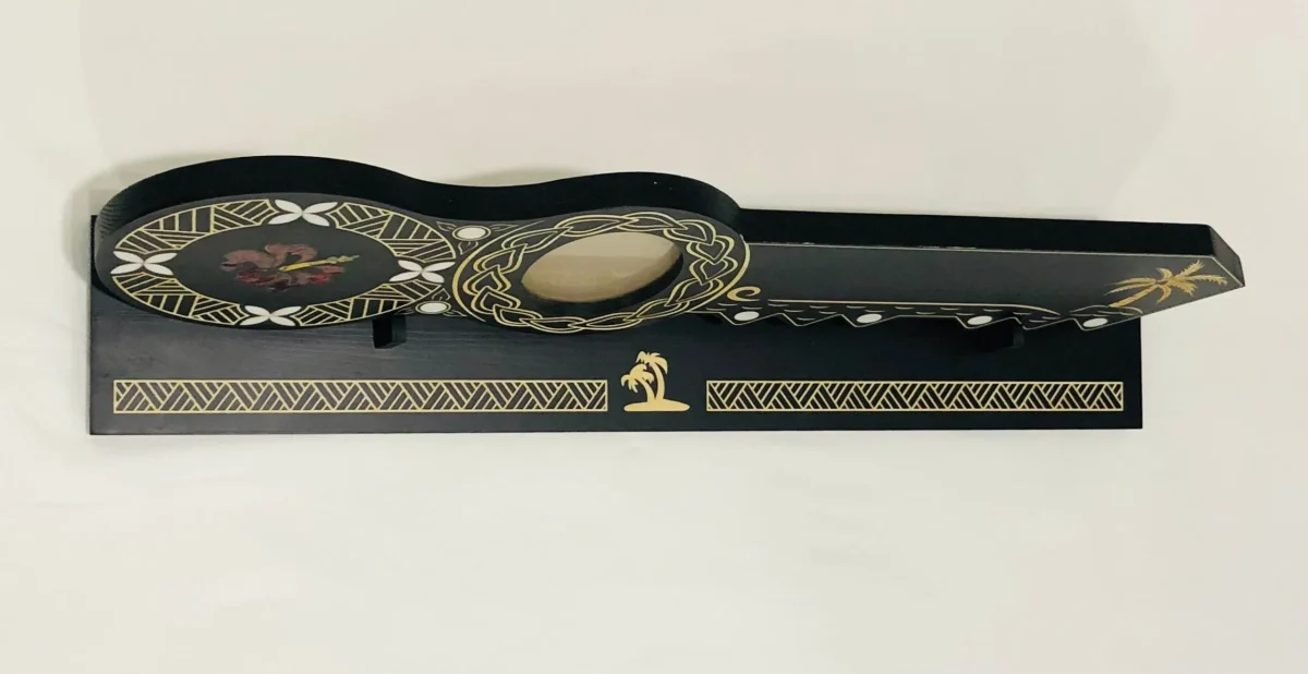 21st Island Design Key with Laser Engraved Patterns & Coloured Paua Shell Hibiscus Flower Inlay and White Mother Of Pearl Shell Inlays and Matching Stand - Design 2132 (Stand)