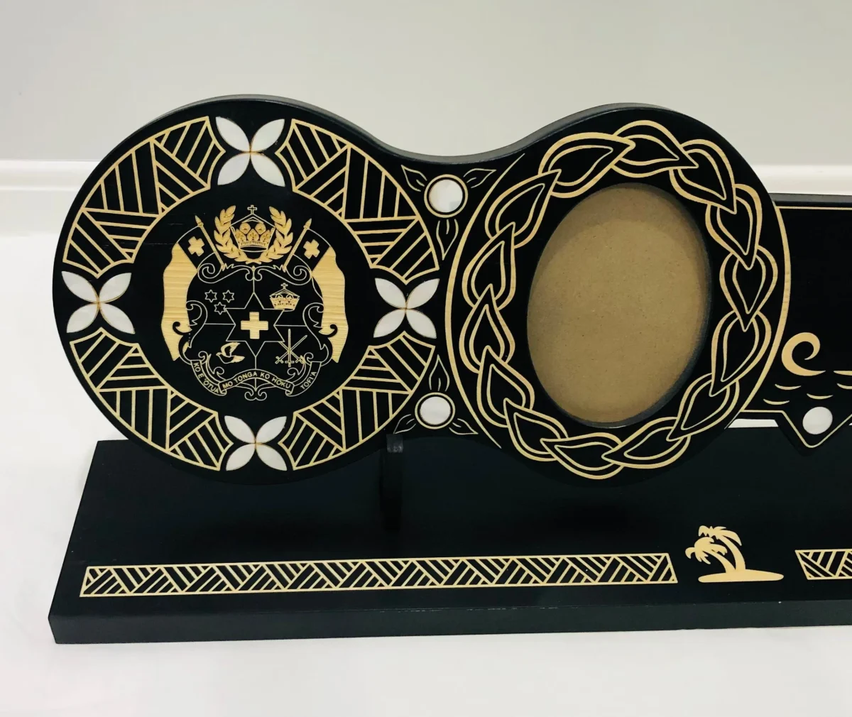 21st Island Design Key with Laser Engraved Patterns & Tongan Sila with White Mother Of Pearl Shell Inlays and Matching Stand - Design 2133 (Stand)