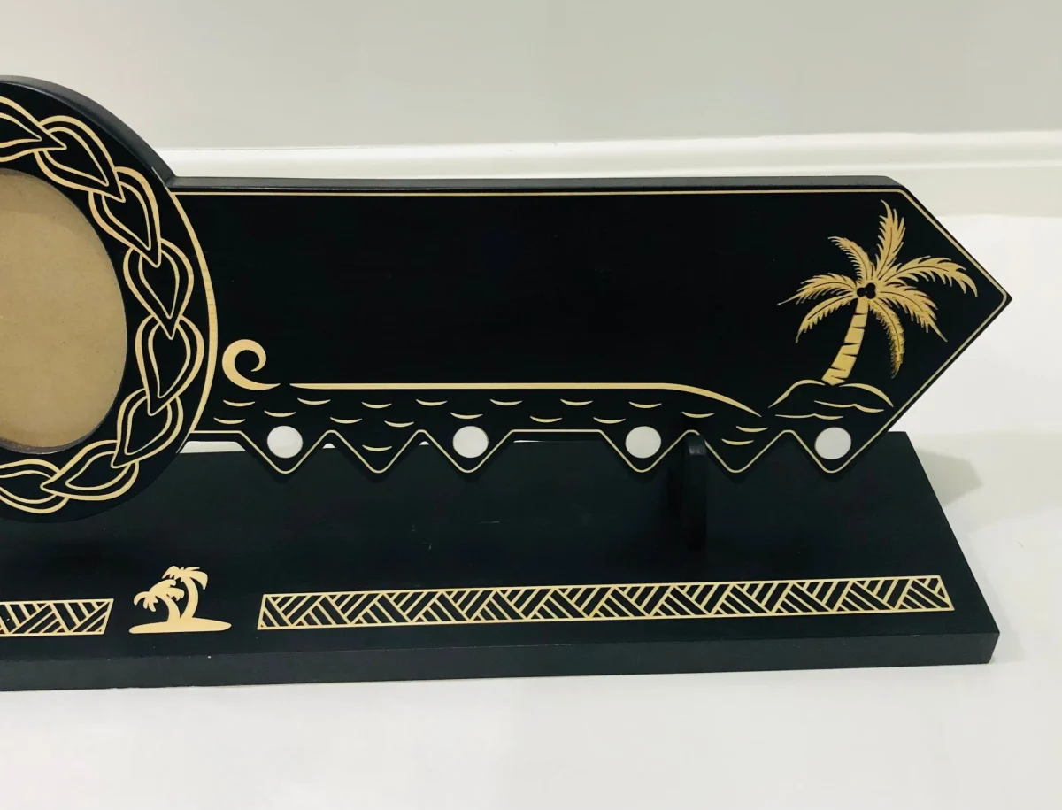 21st Island Design Key with Laser Engraved Patterns & Tongan Sila with White Mother Of Pearl Shell Inlays and Matching Stand - Design 2133 (Stand)