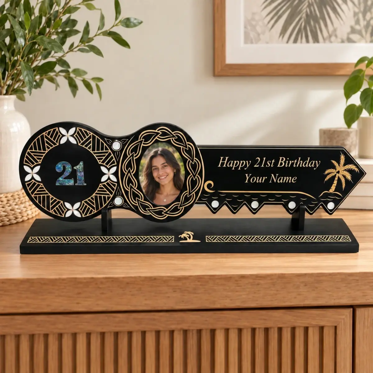21st Island Design Key with Laser Engraved Patterns & Paua Shell 21 Inlay and White Mother Of Pearl Shell Inlays and Matching Stand - Design 2131 (Stand)
