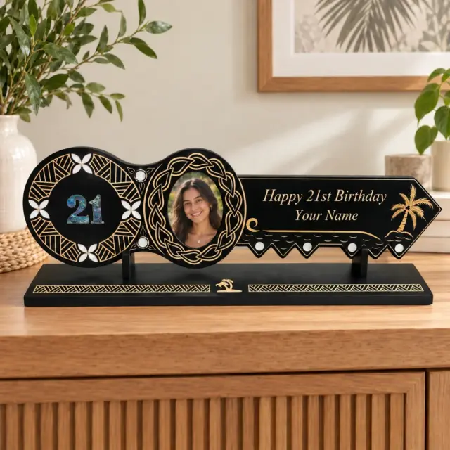 21st Island Design Key with Laser Engraved Patterns & Paua Shell 21 Inlay and White Mother Of Pearl Shell Inlays and Matching Stand - Design 2131 (Stand)