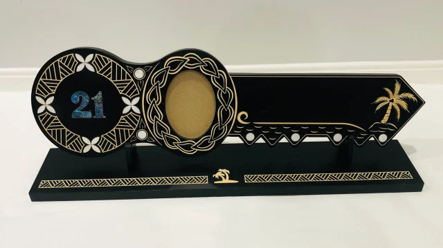 21st Island Design Key with Laser Engraved Patterns & Paua Shell 21 Inlay and White Mother Of Pearl Shell Inlays and Matching Stand - Design 2131 (Stand)