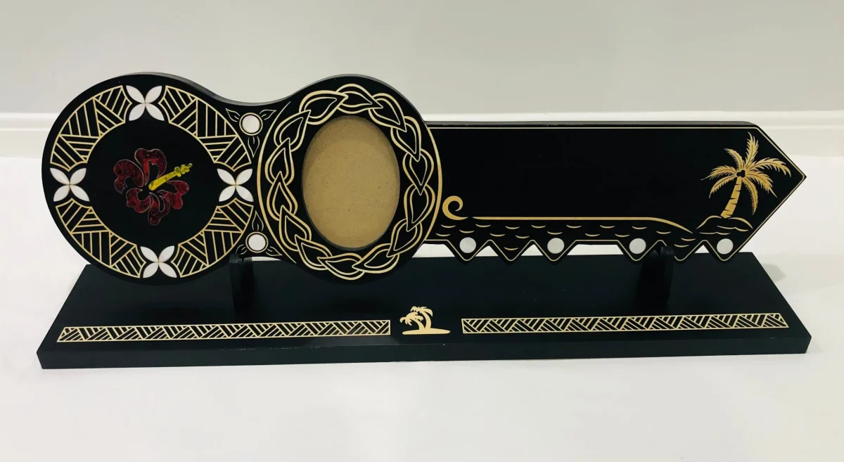 21st Island Design Key with Laser Engraved Patterns & Coloured Paua Shell Hibiscus Flower Inlay and White Mother Of Pearl Shell Inlays and Matching Stand - Design 2132 (Stand)