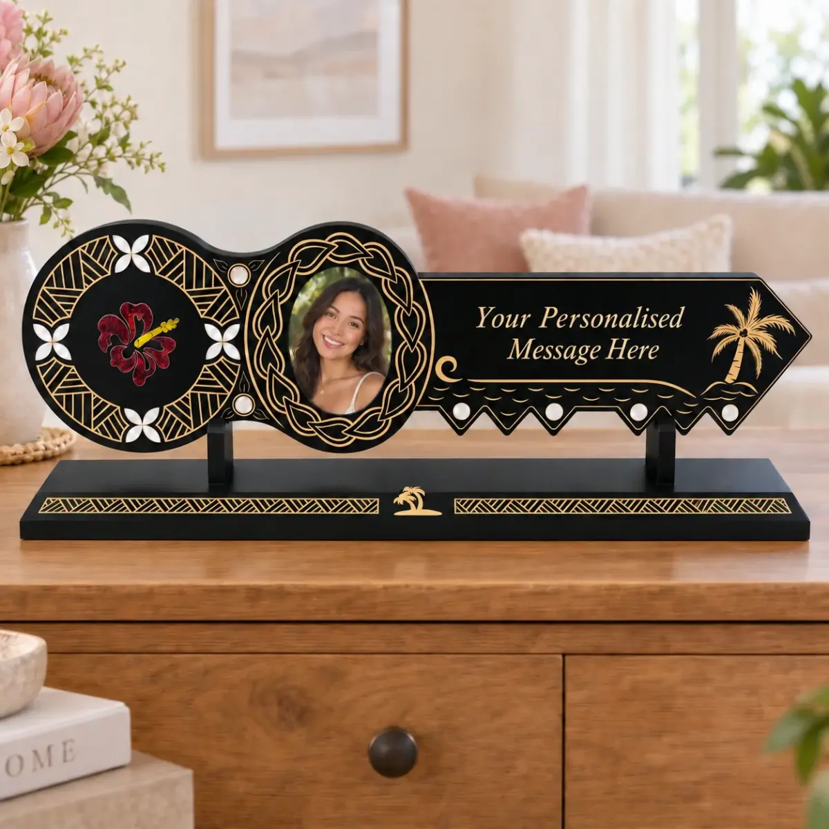 21st Island Design Key with Laser Engraved Patterns & Coloured Paua Shell Hibiscus Flower Inlay and White Mother Of Pearl Shell Inlays and Matching Stand - Design 2132 (Stand)