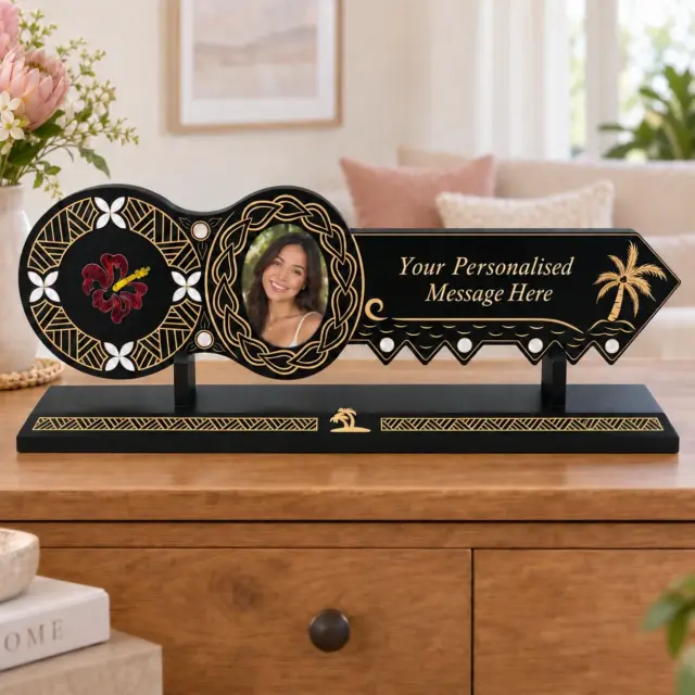 21st Island Design Key with Laser Engraved Patterns & Coloured Paua Shell Hibiscus Flower Inlay and White Mother Of Pearl Shell Inlays and Matching Stand - Design 2132 (Stand)
