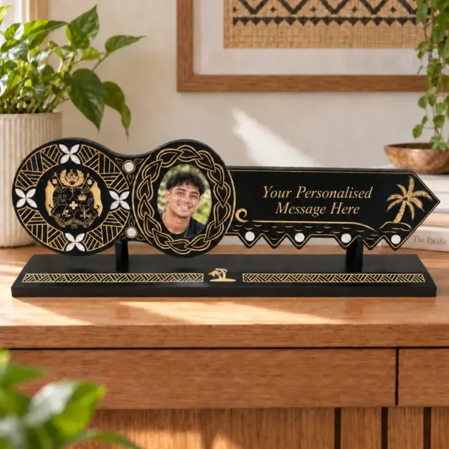 21st Island Design Key with Laser Engraved Patterns & Tongan Sila with White Mother Of Pearl Shell Inlays and Matching Stand - Design 2133 (Stand)
