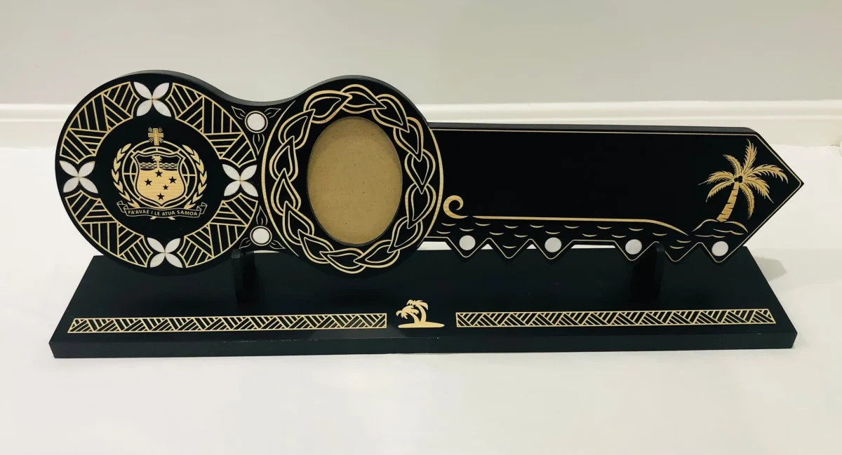 21st Island Design Key with Laser Engraved Patterns & Samoan Sila with White Mother Of Pearl Shell Inlays and Matching Stand - Design 2134 (Stand)