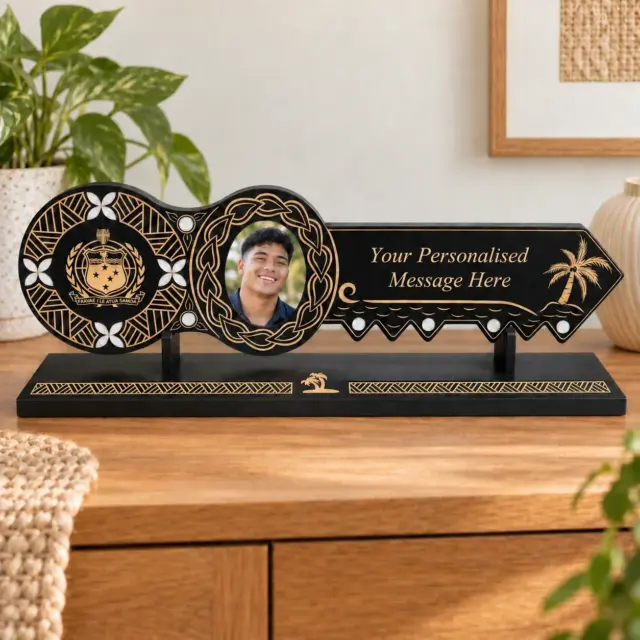21st Island Design Key with Laser Engraved Patterns & Samoan Sila with White Mother Of Pearl Shell Inlays and Matching Stand - Design 2134 (Stand)