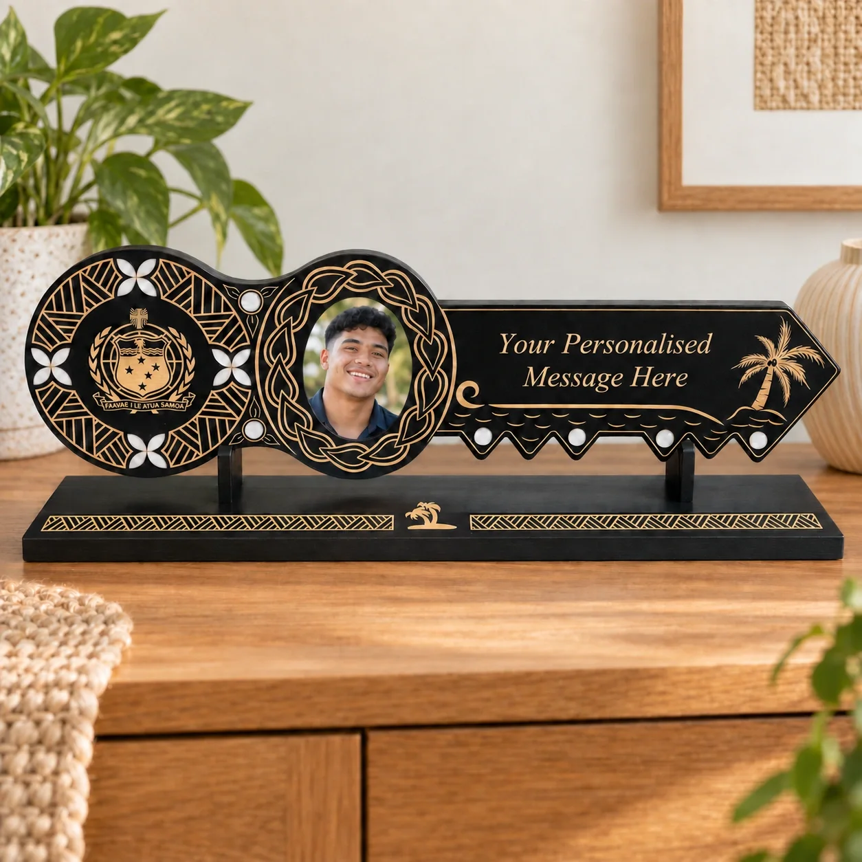 21st Island Design Key with Laser Engraved Patterns & Samoan Sila with White Mother Of Pearl Shell Inlays and Matching Stand - Design 2134 (Stand)