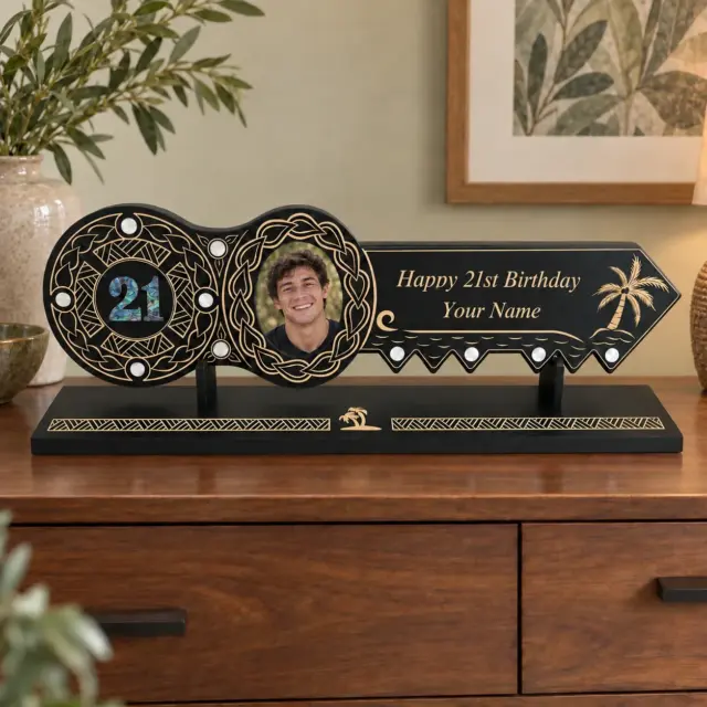 21st Island Design Key with Laser Engraved Patterns & "21" Paua Shell Inlay with Round White Mother of Pearl Inlays and Matching Stand - Design 2117 (Stand)