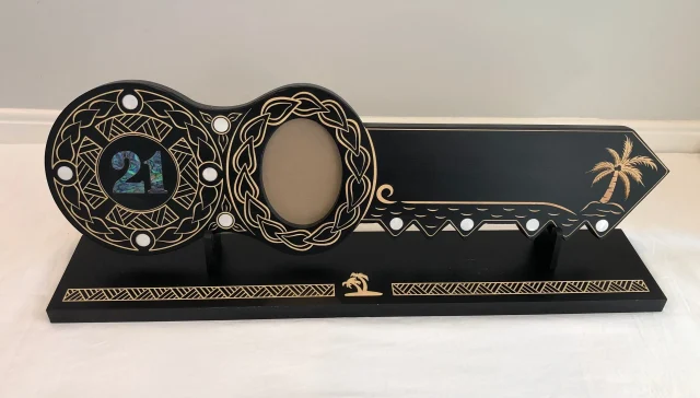 21st Island Design Key with Laser Engraved Patterns & "21" Paua Shell Inlay with Round White Mother of Pearl Inlays and Matching Stand - Design 2117 (Stand)