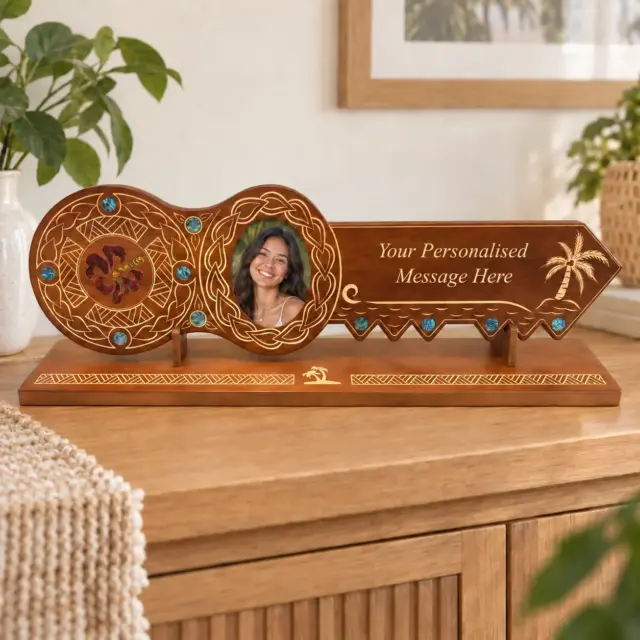 21st Island Design Key with Laser Engraved Patterns & Coloured Paua Shell Hibiscus Flower Inlay with Round Paua Shell Disk Inlays and Matching Stand - Design 2126 (Stand)