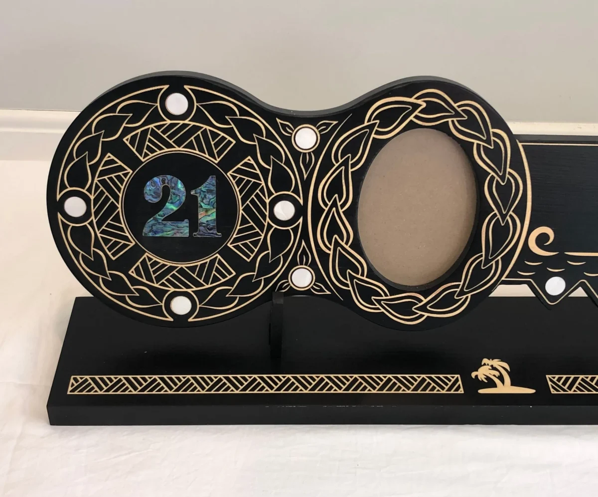 21st Island Design Key with Laser Engraved Patterns & "21" Paua Shell Inlay with Round White Mother of Pearl Inlays and Matching Stand - Design 2117 (Stand)
