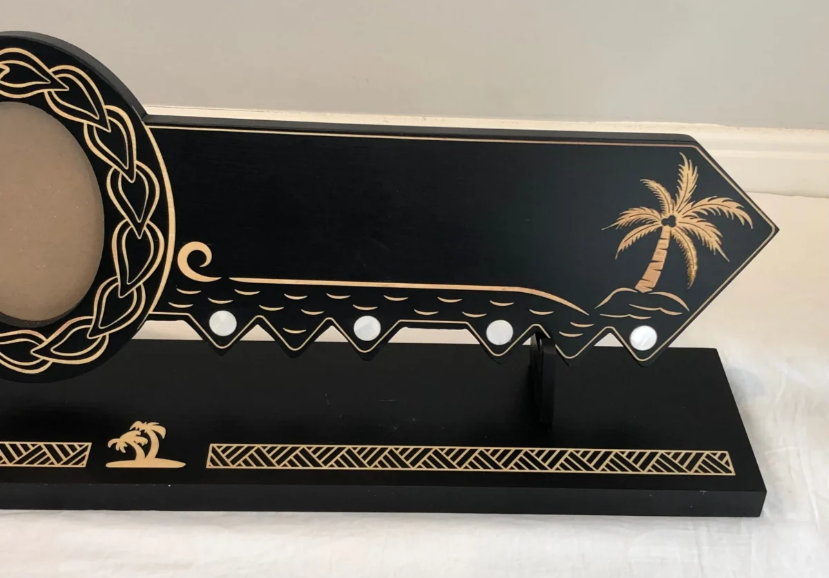 21st Island Design Key with Laser Engraved Patterns & "21" Paua Shell Inlay with Round White Mother of Pearl Inlays and Matching Stand - Design 2117 (Stand)