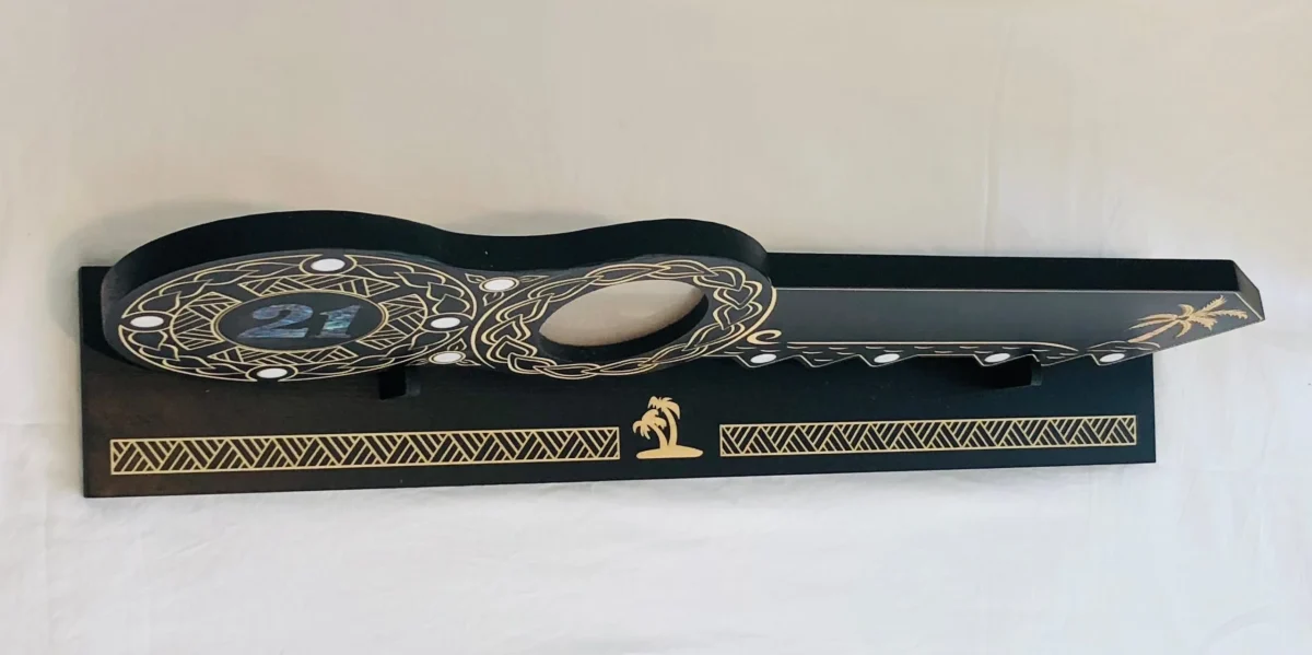 21st Island Design Key with Laser Engraved Patterns & "21" Paua Shell Inlay with Round White Mother of Pearl Inlays and Matching Stand - Design 2117 (Stand)