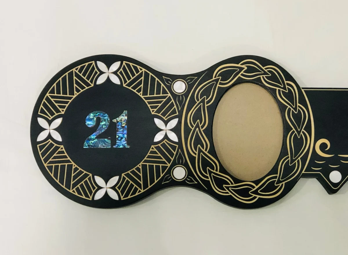 21st Island Design Key with Laser Engraved Patterns & Paua Shell 21 Inlay and White Mother Of Pearl Shell Inlays - Design 2131