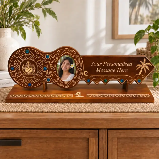 21st Island Design Key with Laser Engraved Patterns & Samoan Sila with Round Paua Shell Inlays and Matching Stand - Design 2127 (Stand)