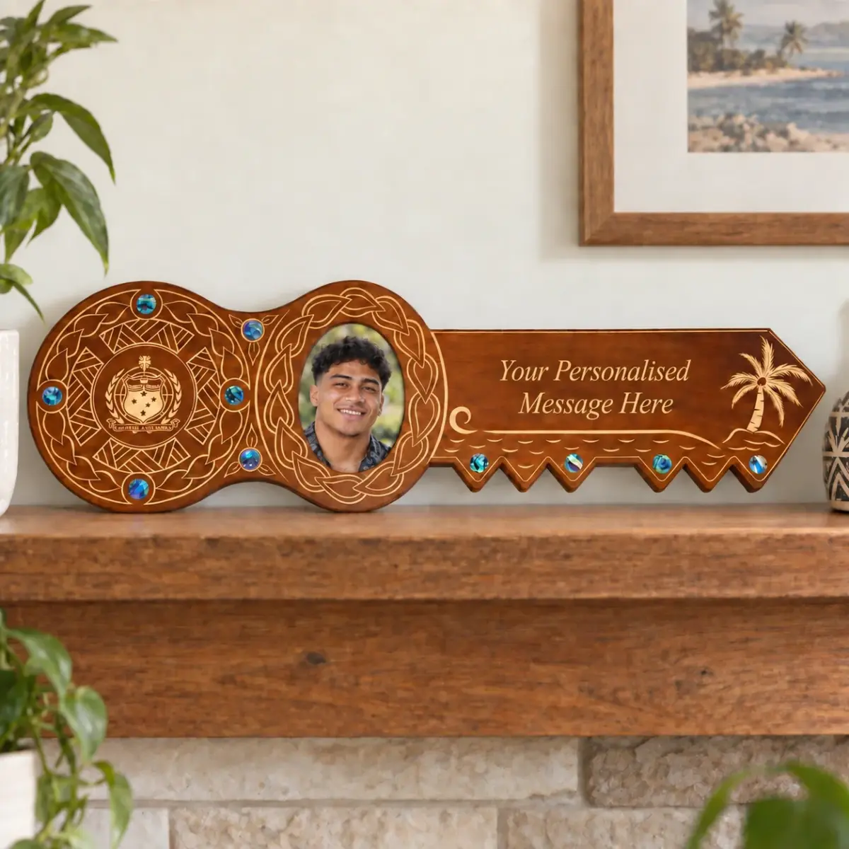 21st Island Design Key with Laser Engraved Patterns & Samoan Sila with Round Paua Shell Inlays - Design 2127