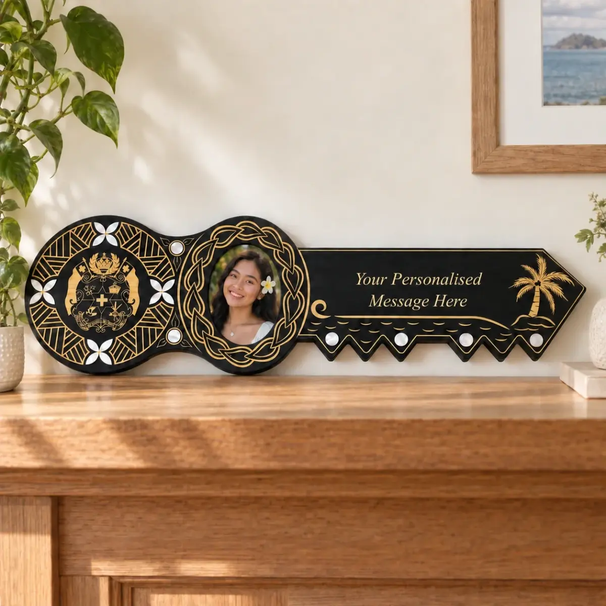 21st Island Design Key with Laser Engraved Patterns & Tongan Sila with White Mother Of Pearl Shell Inlays - Design 2133