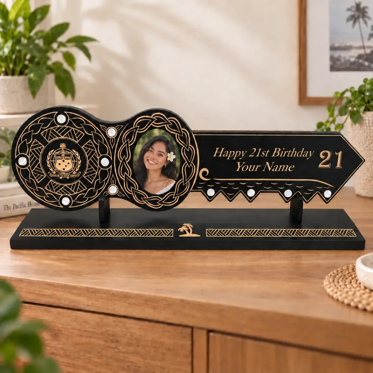 21st Island Design Key with Laser Engraved Samoan Sila & 21 with Round White Mother of Pearl Inlays with Matching Stand - Design 2115 (Stand)