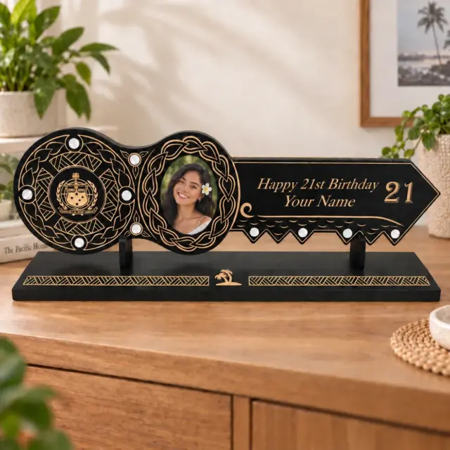 21st Island Design Key with Laser Engraved Samoan Sila & 21 with Round White Mother of Pearl Inlays with Matching Stand - Design 2115 (Stand)