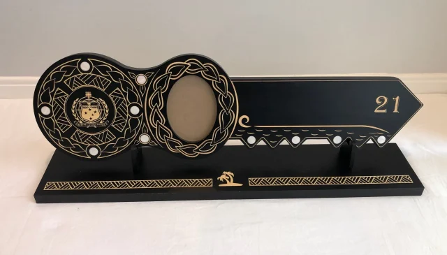 21st Island Design Key with Laser Engraved Samoan Sila & 21 with Round White Mother of Pearl Inlays with Matching Stand - Design 2115 (Stand)