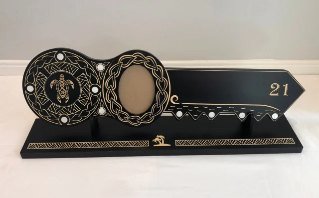 21st Island Design Key with Laser Engraved Turtle & 21 with Round White Mother of Pearl Inlays with Matching Stand - Design 2118 (Stand)