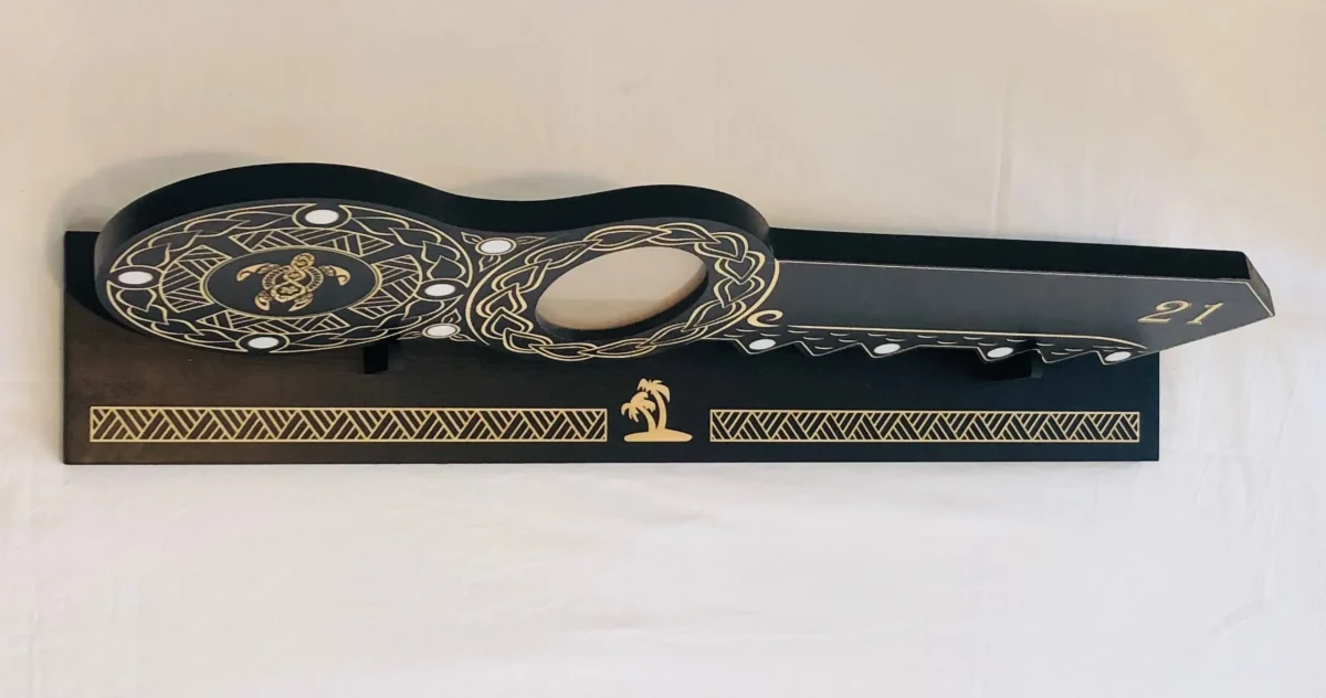21st Island Design Key with Laser Engraved Turtle & 21 with Round White Mother of Pearl Inlays with Matching Stand - Design 2118 (Stand)