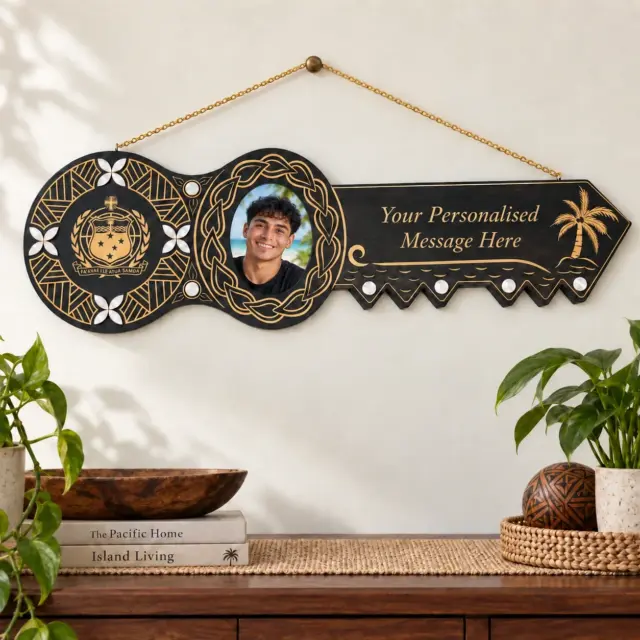 21st Island Design Key with Samoan Sila Laser Engraved & White Mother Of Pearl Shell Inlays - Design 2134