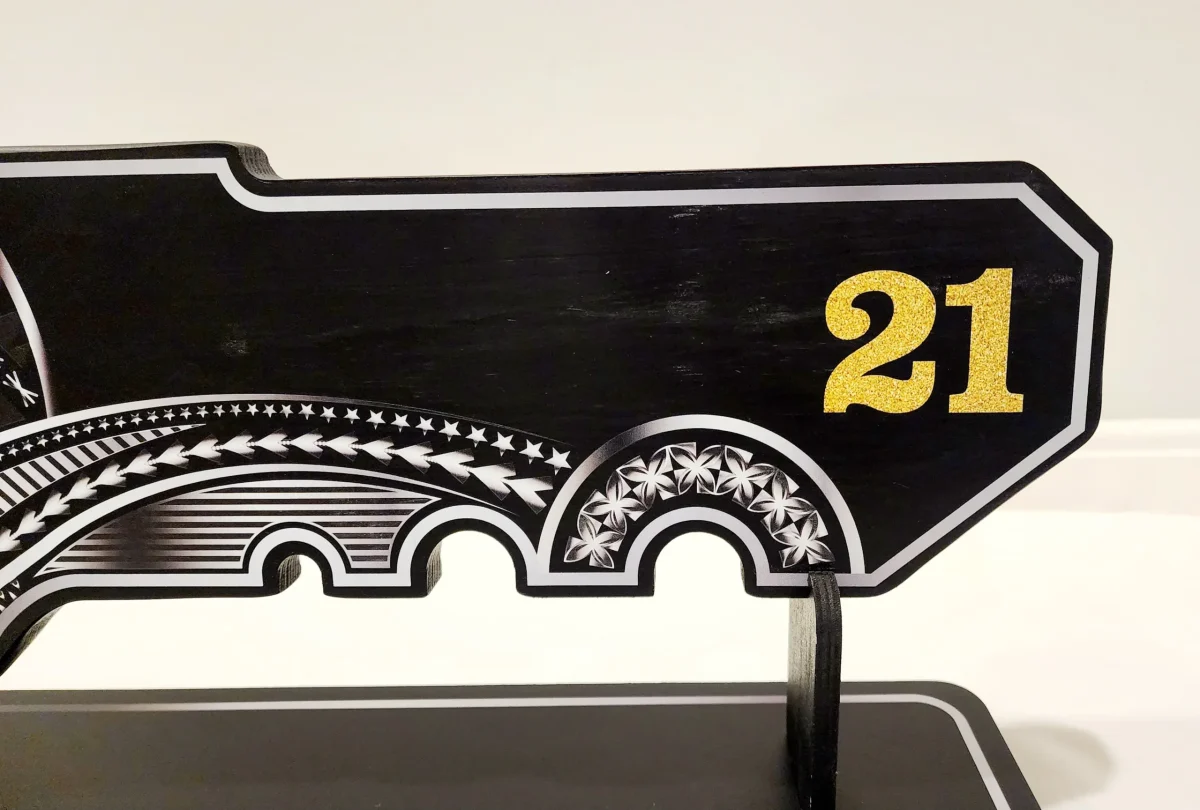 21st Island Design Silver Theme Colour UV Printed Birthday Key with Gold Glitter Look "21" and Matching Colour Stand - Design 2262