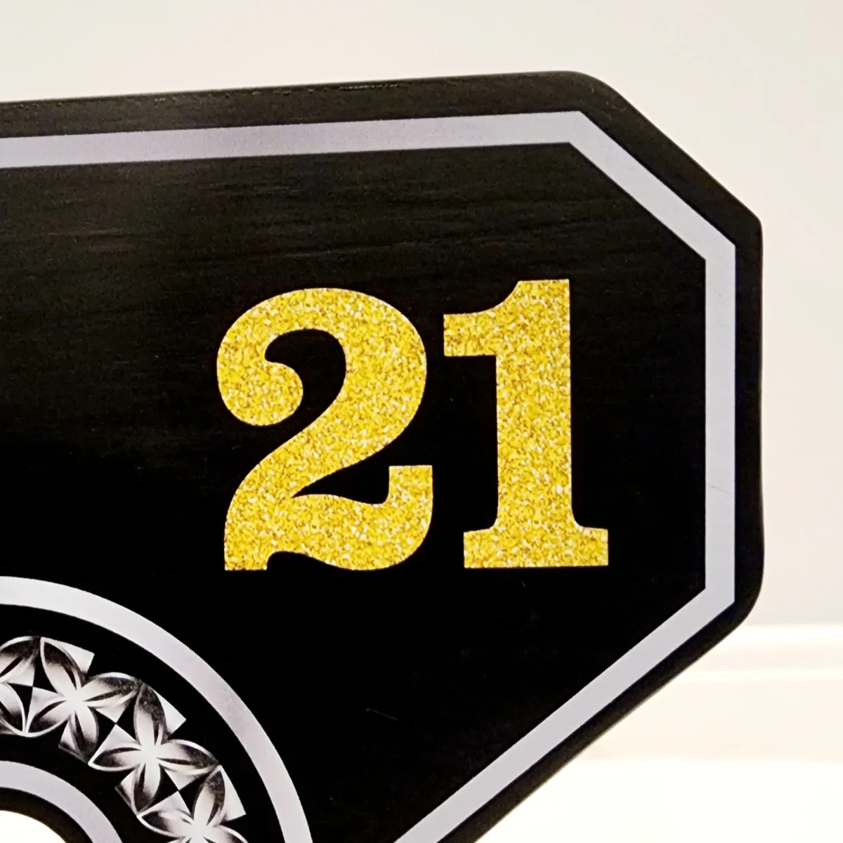 21st Island Design Silver Theme Colour UV Printed Birthday Key with Gold Glitter Look "21" and Matching Colour Stand - Design 2262