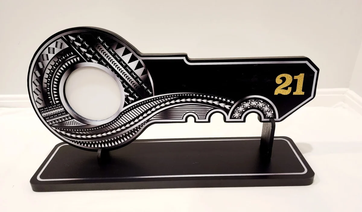 21st Island Design Silver Theme Colour UV Printed Birthday Key with Gold Glitter Look "21" and Matching Colour Stand - Design 2262