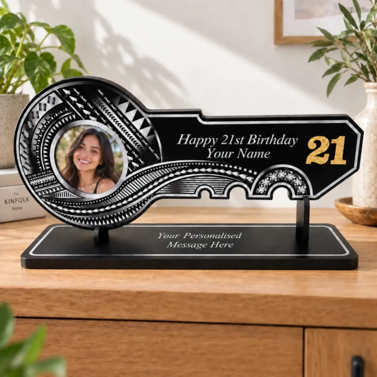 21st Island Design Silver Theme Colour UV Printed Birthday Key with Gold Glitter Look "21" and Matching Colour Stand - Design 2262