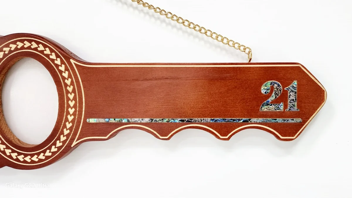 21st Island Design Wooden Key with Laser Engraved Patterns & 15 Stars with Turtle and Paua Shell Inlay - SJ2440