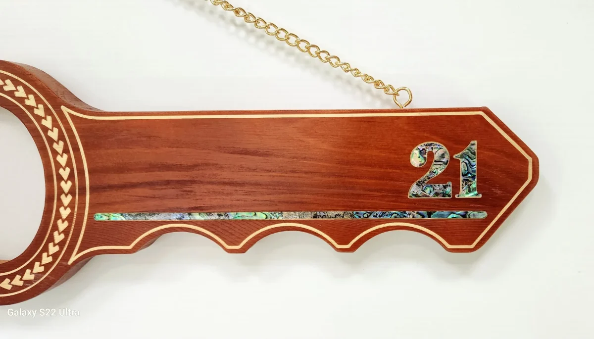21st Island Design Wooden Key with Laser Engraved Patterns & 15 Stars with Stingray and Paua Shell Inlay - SJ2442