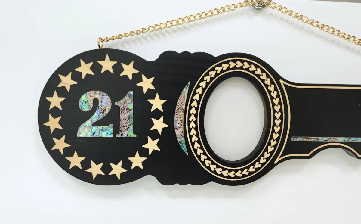 21st Island Design Wooden Key with Laser Engraved Patterns & 15 Stars with Paua Shell Inlay - SJ2445