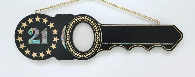 21st Island Design Wooden Key with Laser Engraved Patterns & 15 Stars with Paua Shell Inlay - SJ2445