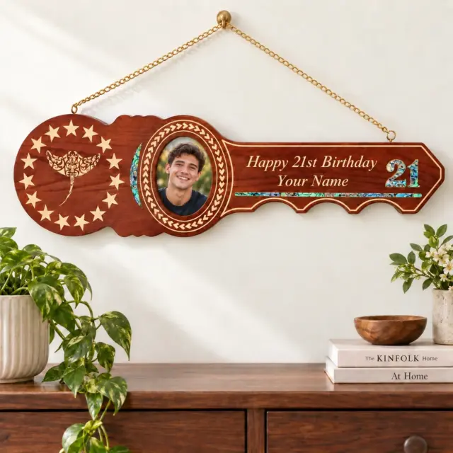 21st Island Design Wooden Key with Laser Engraved Patterns & 15 Stars with Stingray and Paua Shell Inlay - SJ2442