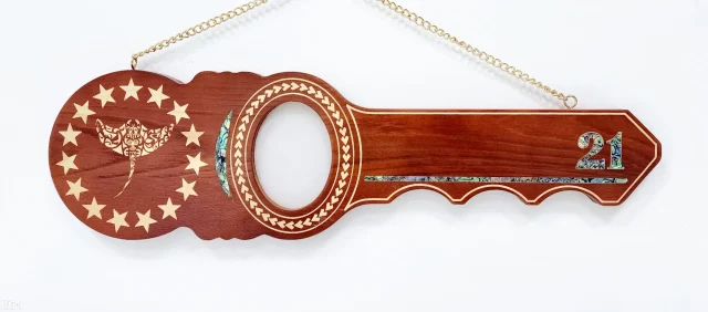 21st Island Design Wooden Key with Laser Engraved Patterns & 15 Stars with Stingray and Paua Shell Inlay - SJ2442